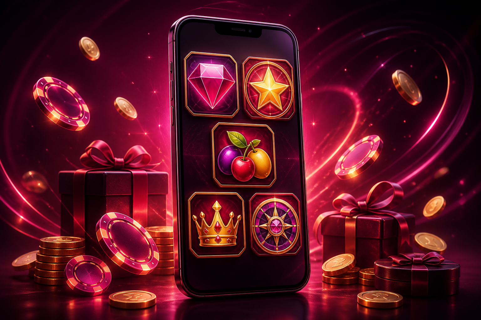 Mobile casino lobby with free credits, bonus games, and a bright sign-up button
